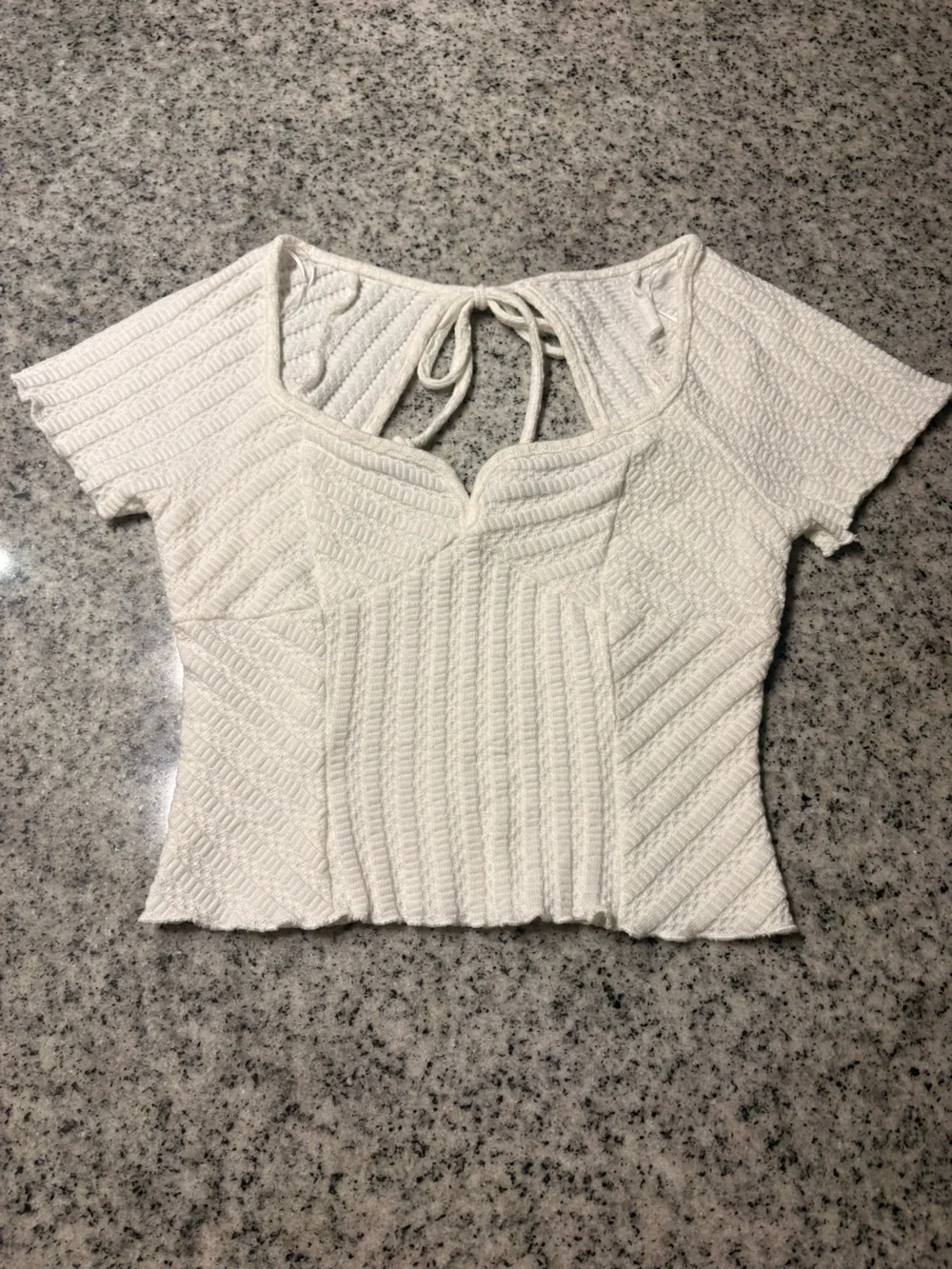 Textured White Knit Crop Top with Back Tie